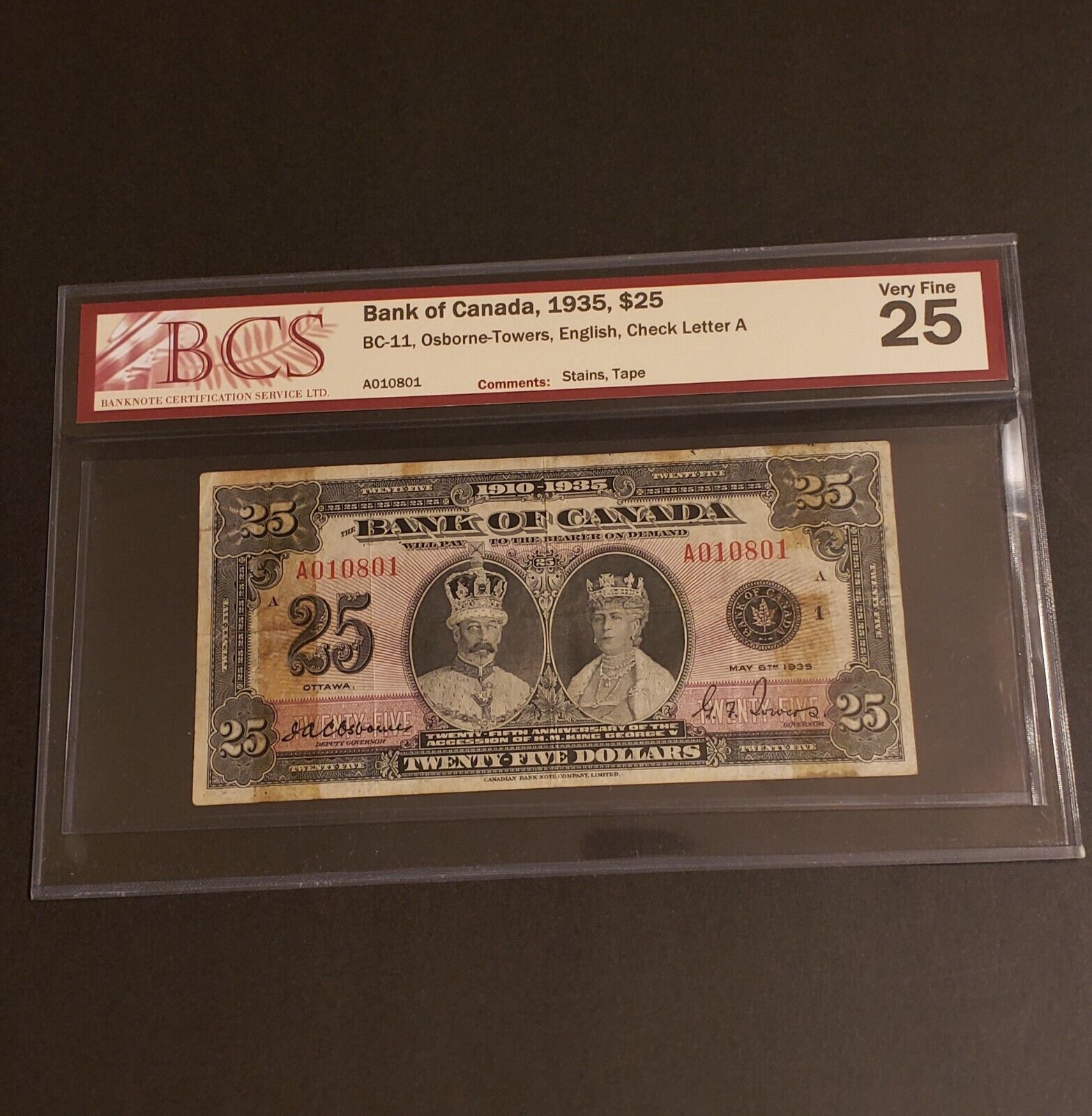 RARE 1935 Bank of Canada $25 Banknote. English version. BCS Graded.
